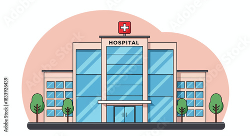 A modern hospital building with a prominent red cross symbol is depicted in a clean, flat vector illustration style, ideal for healthcare design.