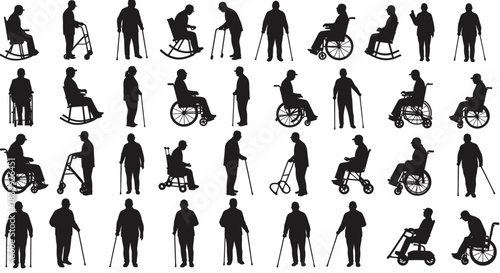 A collection of vector silhouettes depicting elderly individuals in various poses, including walking with canes, sitting in wheelchairs, and using walkers, suitable for healthcare and medical