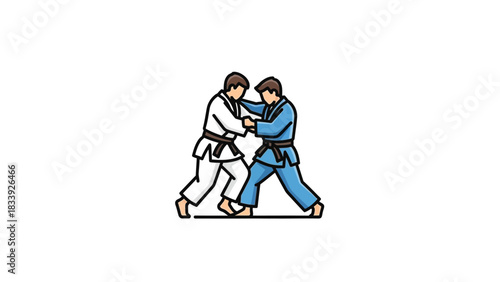 Illustration of two judokas in a martial arts competition wearing white and blue uniforms in action