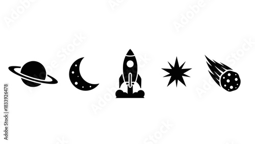 Illustration of planets, rockets, stars and comets in simple black vector style