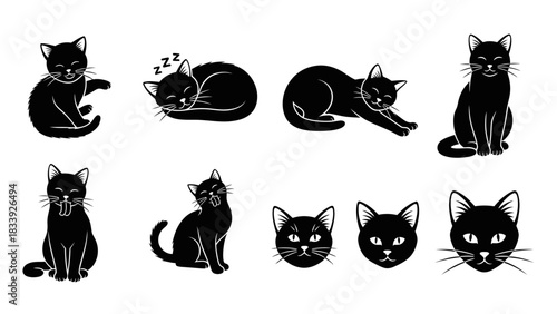 Illustrations of Black Cat Silhouettes in Various Poses for Graphic Design Projects