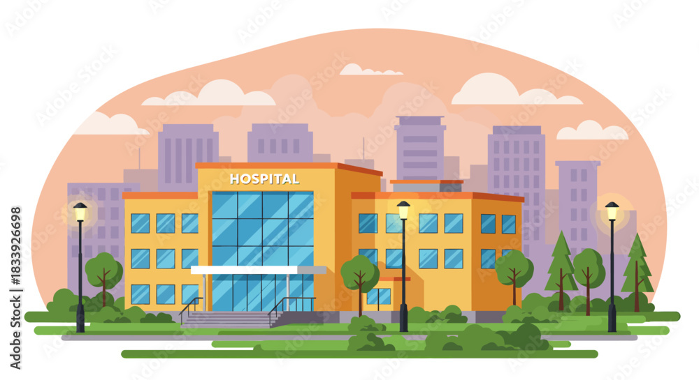 Naklejka premium A vibrant vector illustration showcases a modern hospital building, set against a cityscape with trees, offering a clean, inviting, and professional healthcare environment.