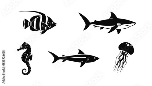 Marine life silhouettes showcasing fish shark seahorse and jellyfish in black and white graphic