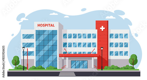A modern hospital building with a prominent red cross stands tall, surrounded by lush greenery, offering a welcoming and professional atmosphere for healthcare.