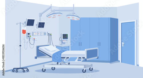 A modern, sterile hospital room with an empty patient bed, essential medical equipment, and bright surgical lights, depicted in a clean vector illustration.