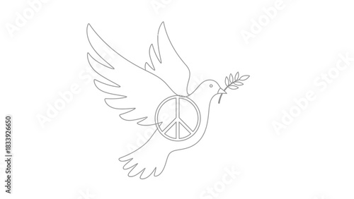 Peace dove with olive branch, symbol of hope and freedom in simple line art style