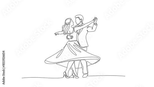 Elegant couple dancing, romantic waltz in continuous line art for invitation design