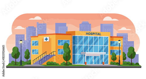 A modern hospital building with a prominent entrance and cross symbol stands against a city skyline, depicted in a clean, contemporary vector illustration style.