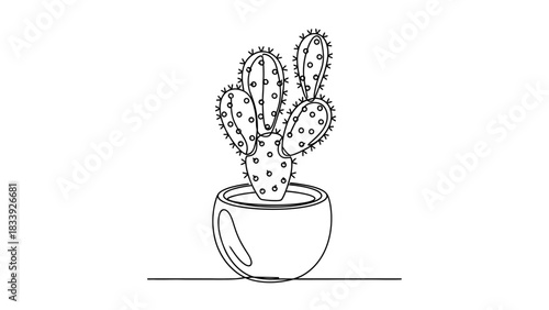 Minimalist black line art of potted cactus plant for modern design projects