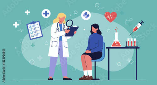 A caring female doctor provides a medical examination to a patient, surrounded by various healthcare symbols in a modern flat vector illustration style.