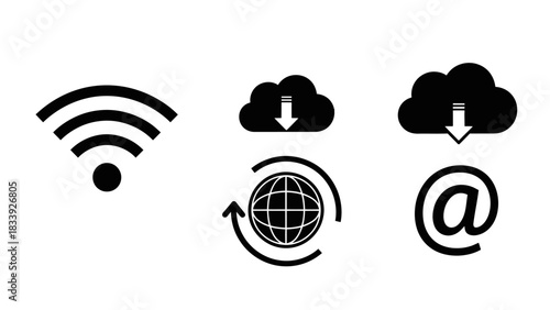 Minimalist vector set featuring network connectivity cloud computing and email symbols