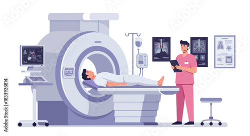 Vector illustration of a patient undergoing an MRI scan in a hospital, with a doctor reviewing the results, showcasing modern medical technology and healthcare.