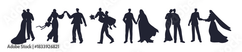 Wedding couple silhouette set. Abstract black figures, bride and groom at marriage ceremony. Newlyweds marry, husband and wife shadows. Flat vector illustrations isolated on white background