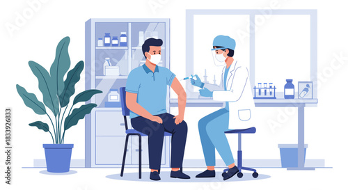 A masked medical professional administers a vaccine injection to a male patient sitting in a doctor's office, emphasizing public health and immunization efforts.