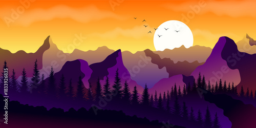 A landscape with a forest, mountains, sun and clouds at sunset. The landscape is in orange and purple tones.