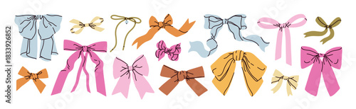 Elegant holiday bows and ribbons set. Festive textile design elements, feminine coquette accessories. Knot tie decorations for gifts or hair. Drawn vector illustrations isolated on white background