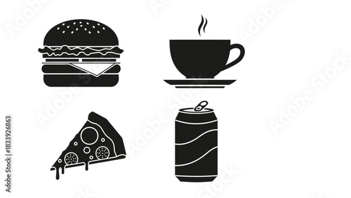 Monochrome Collection of Fast Food and Beverage Items in Vector Format Illustration