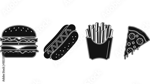 Monochrome Fast Food Icons: Burger, Hot Dog, Fries, and Pizza Slice Vector Illustration