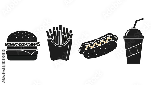 Monochrome Fast Food Meal Icons Featuring Burger Fries Hotdog and Soda Drink