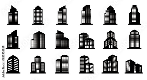 A comprehensive set of modern architectural building silhouettes, presented as minimalist black vector icons, ideal for urban planning and digital design projects.
