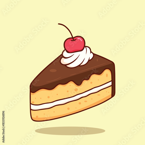 Cute Chocolate Cake Slice Cartoon Illustration with Cherry