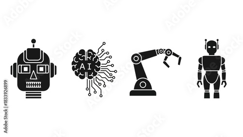 Monochrome illustration showcasing robotics, artificial intelligence and automation design