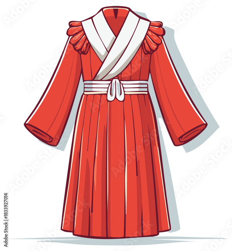 Elegant red traditional garment with white V neck collar ruffled shoulders and cinched belt design