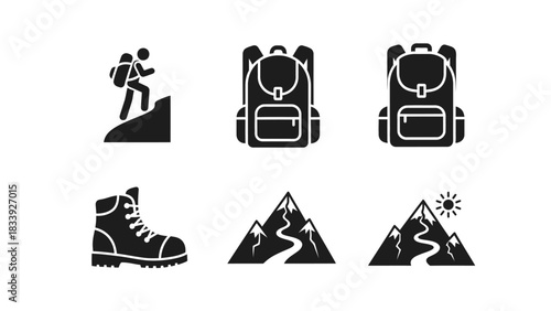 Outdoor adventure gear and hiking icon set minimalist design style showcasing mountain exploration