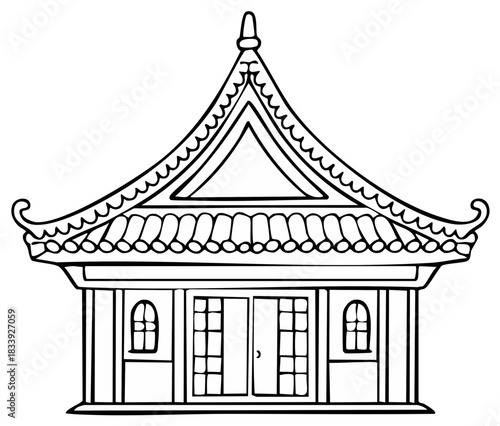 Traditional Asian Pagoda Building Outline with Curved Roof and Decorative Details