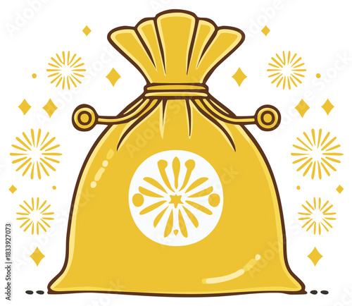 Lucky golden bag illustration with sparkles, a festive charm for prosperity, wealth, and good fortune celebrations.