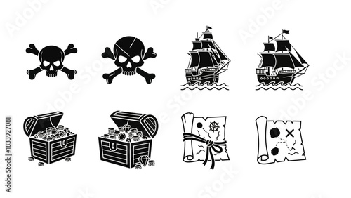 Set of black and white pirate elements and symbols, skull, ship, treasure map and chest with gold