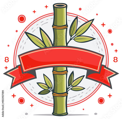 Green Bamboo Stalk with Red Ribbon Banner and Leaves Vector Illustration Nature Concept Design