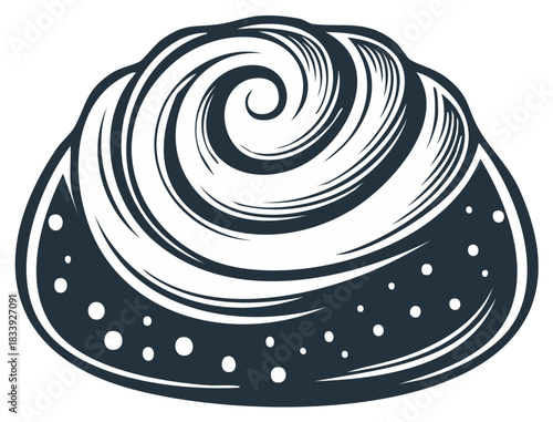 Classic sweet cinnamon roll with icing swirl in a hand drawn vintage woodcut style