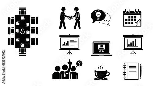 Set of business and meeting icons representing collaboration, communication and productivity