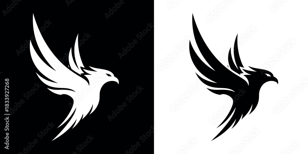 Fototapeta premium Minimalist stylized bird logo resembling a soaring eagle or phoenix isolated on black & white background