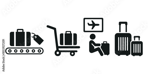 Airport luggage process flat solid silhouette vector icons isolated on white background