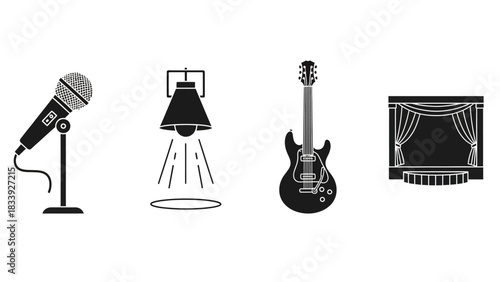 Silhouetted performance elements microphone spotlight guitar and stage equipment