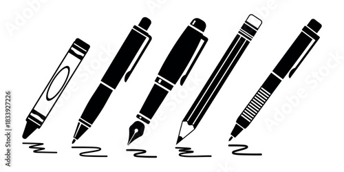Set of five flat design writing instrument icons in black silhouette isolated on white background