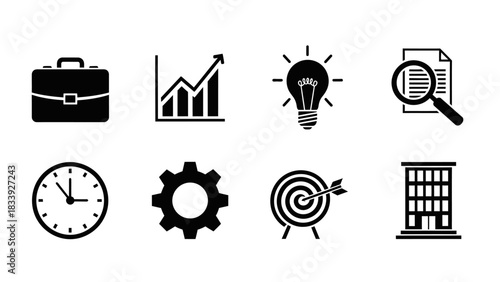 Simple and effective business and management icon set symbolizing strategy and progress