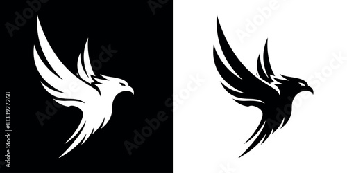 Minimalist stylized bird logo resembling a soaring eagle or phoenix isolated on black & white background