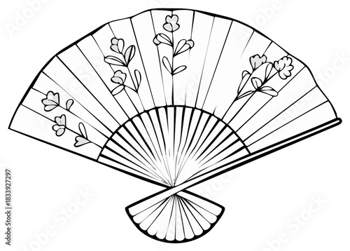 Elegant Hand Fan with Floral Design Outline Illustration Black and White Asian Style Decorative Paper Fan Coloring Book Page Graphic