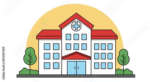 A vibrant vector illustration depicts a modern hospital building with a cross symbol, set against a bright, sunny backdrop, conveying healthcare and medical services.