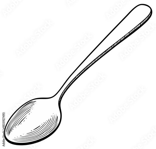 Vintage spoon illustration in a classic black and white engraving or etching line art style