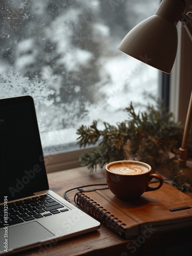 A cozy winter workspace with a laptop, a warm coffee, and festive decor overlooks a snowy window view. This inviting scene creates a perfect atmosphere for working from home during the holidays.