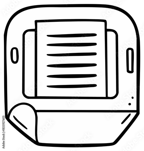 Cartoon Printer Drawing, Black and White Sketch of a Document