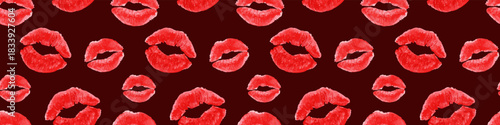 Red Lipstick Kiss Pattern on Dark Background – Seamless Lip Print. Perfect for Valentine’s Day, romantic designs and packaging