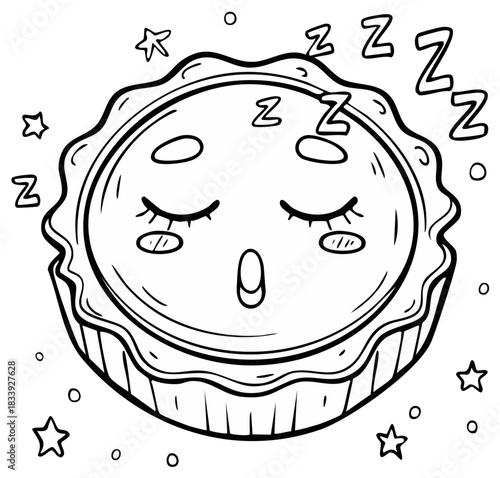 Cute anthropomorphic pie character sleeping peacefully, a black and white line art coloring page illustration.