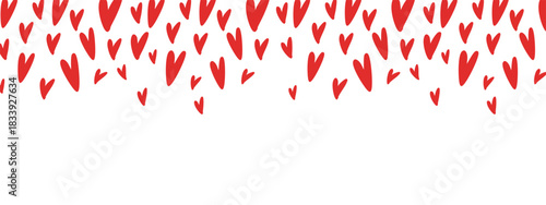 Red hearts falling from the top forming a romantic Valentine’s Day border. Modern love-themed background for cards, posters, invitations and social media designs