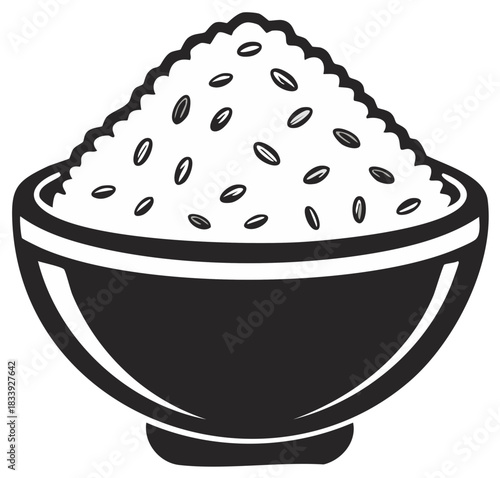 Bowl brimming with fluffy rice grains, black and white line art