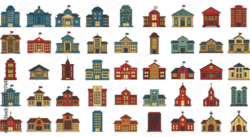 A diverse collection of flat design vector icons representing various public and private buildings, perfect for urban planning or digital interface projects.